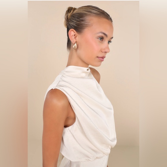 Greta Champagne Crinkle Satin Mock Neck Sleeveless Midi Dress Bridal Rehearsal - Picture 3 of 4